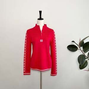 Meister Women's Red Merino Wool 1/4 Zip Ski Sweater with Snowflake Sleeves XL